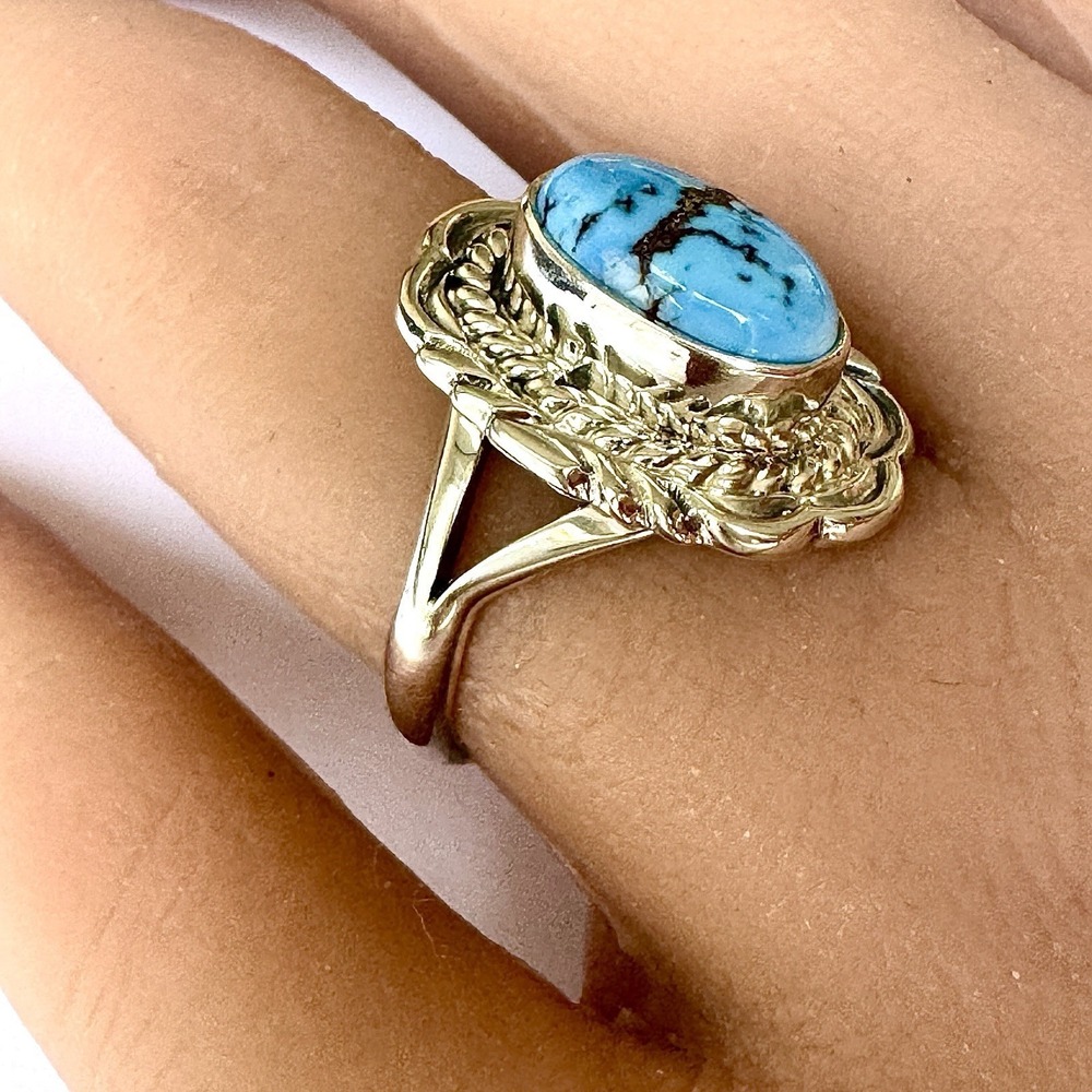 Navajo Blue Golden Hills Turquoise Ring Sz 7 Signed V Chee Sterling Native - Picture 3 of 8
